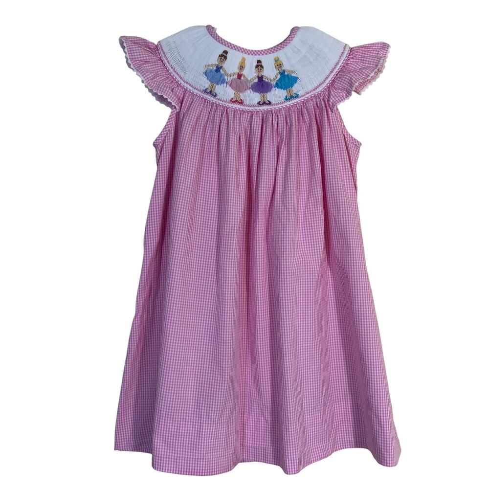 Anavini Sz 2T Short Sleeve Smocked Dress with Ballerinas Pink Pink Gingham